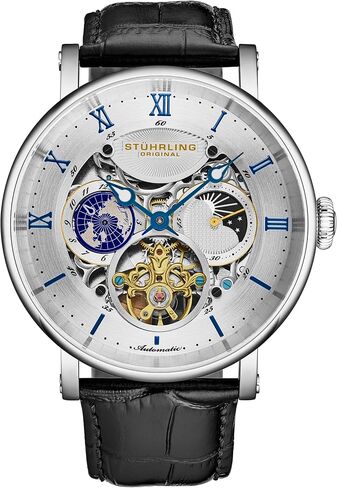 Stuhrling Original Dual Time Automatic Watch, 47mm Case, Skeleton Dial, Leather Strap, Sun/Moon AM/PM Indicator 5 ATM Water Resistant in Kuwait