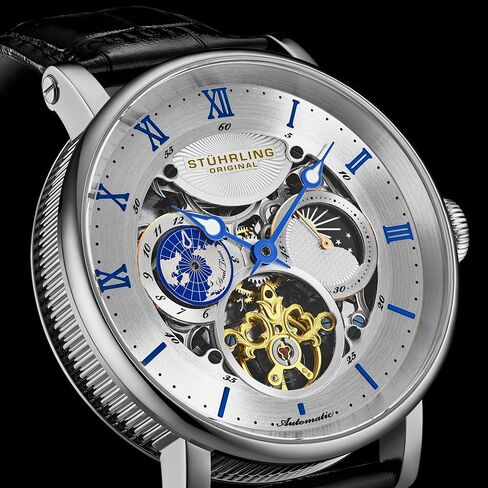 Stuhrling Original Dual Time Automatic Watch, 47mm Case, Skeleton Dial, Leather Strap, Sun/Moon AM/PM Indicator 5 ATM Water Resistant in Kuwait