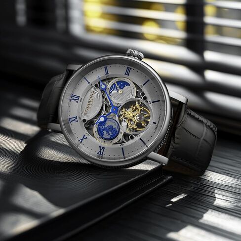 Stuhrling Original Dual Time Automatic Watch, 47mm Case, Skeleton Dial, Leather Strap, Sun/Moon AM/PM Indicator 5 ATM Water Resistant in Kuwait