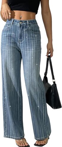Women's Rhinestone Striped Jeans Wide Straight Leg Pants High Waist Stretch Denim Trouser 2025 Jeans in Saudi Arabia