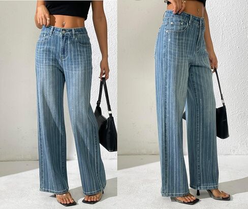 Women's Rhinestone Striped Jeans Wide Straight Leg Pants High Waist Stretch Denim Trouser 2025 Jeans in Saudi Arabia