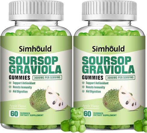 2 Pack Soursop Graviola Gummies - 3000mg Extra Strength Soursop Leaves Supplement with Vitamin C, Zinc - Digestive Aid, Immune Support & Antioxidant - Sugar-Free, Non-GMO, Vegan, 120 Counts in Kuwait