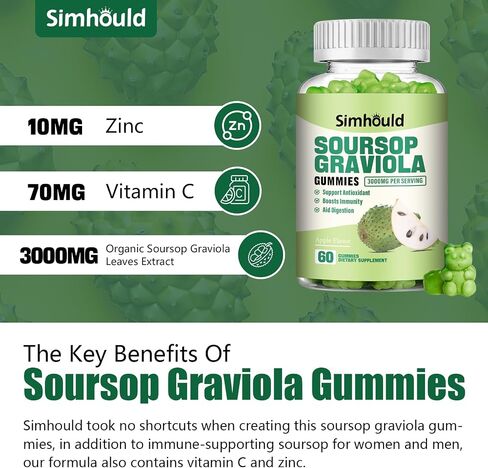 2 Pack Soursop Graviola Gummies - 3000mg Extra Strength Soursop Leaves Supplement with Vitamin C, Zinc - Digestive Aid, Immune Support & Antioxidant - Sugar-Free, Non-GMO, Vegan, 120 Counts in Kuwait