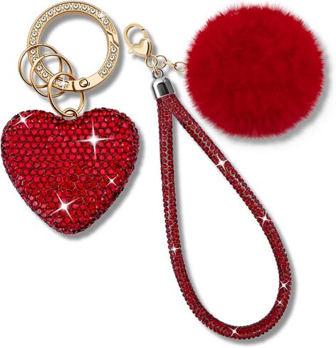 Cute Heart Keychains for Women & Girls, Bling Bag Charms with Wristlet Keys, Purse Charms for Handbags, Pompom Key Chain in Saudi Arabia