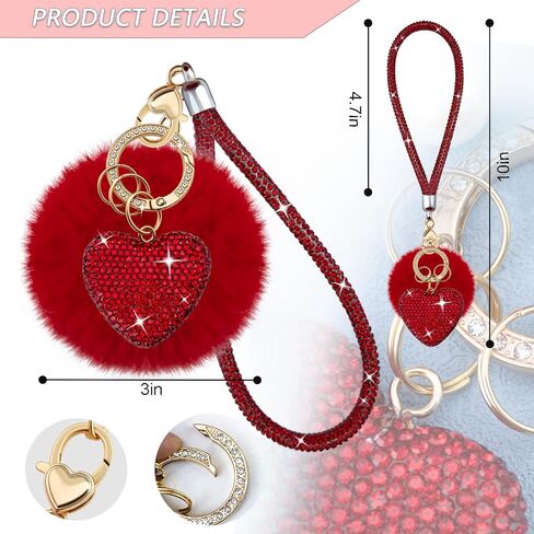 Cute Heart Keychains for Women & Girls, Bling Bag Charms with Wristlet Keys, Purse Charms for Handbags, Pompom Key Chain in Saudi Arabia