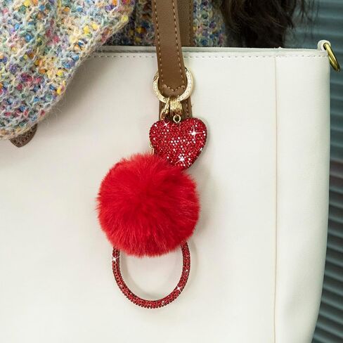 Cute Heart Keychains for Women & Girls, Bling Bag Charms with Wristlet Keys, Purse Charms for Handbags, Pompom Key Chain in Saudi Arabia