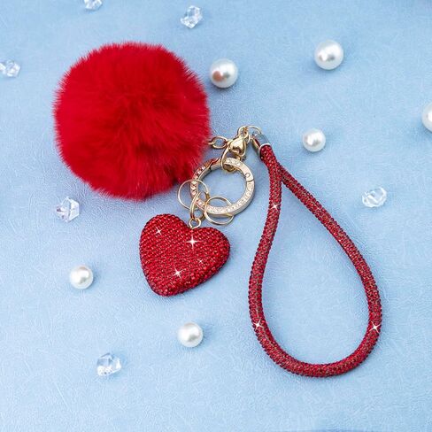 Cute Heart Keychains for Women & Girls, Bling Bag Charms with Wristlet Keys, Purse Charms for Handbags, Pompom Key Chain in Saudi Arabia