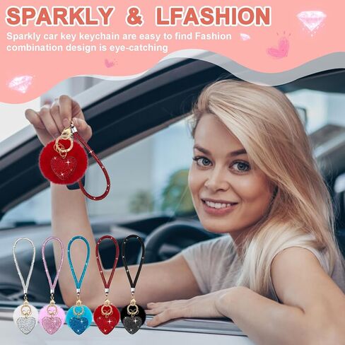 Cute Heart Keychains for Women & Girls, Bling Bag Charms with Wristlet Keys, Purse Charms for Handbags, Pompom Key Chain in Saudi Arabia