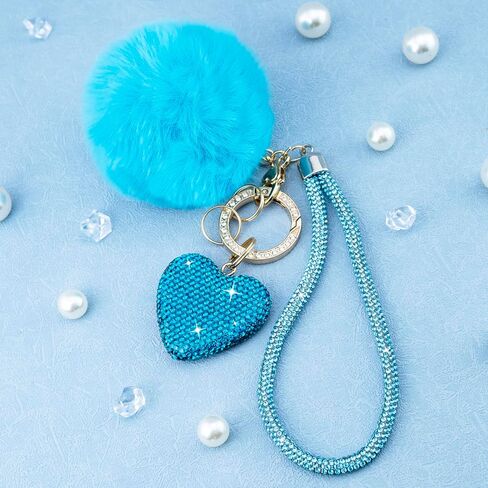 Cute Heart Keychains for Women & Girls, Bling Bag Charms with Wristlet Keys, Purse Charms for Handbags, Pompom Key Chain in Kuwait