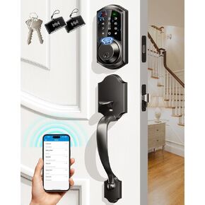 Veise VE07-H Fingerprint Smart Locks for Front Door with Handle Set, App Control, Keyless Entry Keypad Deadbolt, Digital Electronic Touchscreen, Easy Install, Auto Lock, Matte Black