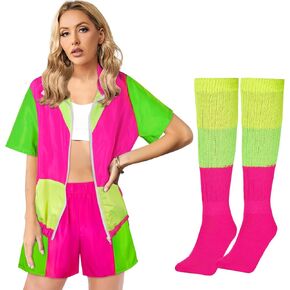 4 PCS 80s 90s Color Block Windbreaker Outfits for Women Zip Sport Outfit Elastic Waist Tracksuit Set for 80s Party