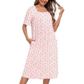 SWOMOG Womens Nightgowns Short-Sleeve Lace Nightdress Long Sleepshirt Soft House Dress Ladies Gowns With Pockets S-3XL