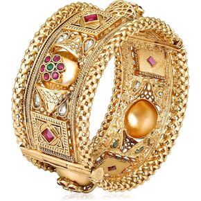 Aheli Traditional Gold Plated Synthetic Stone Studded Thick Single Piece Openable Kada Bangle Jewellery Gift for Women Size - 2.4 Inch