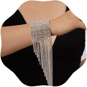 Chargances Silver Glitter Crystal Bangle Bracelet Thinestone Tassle Fringe Bracelet Bling Tennis Cuff Accessories for Women Party Wedding Prom