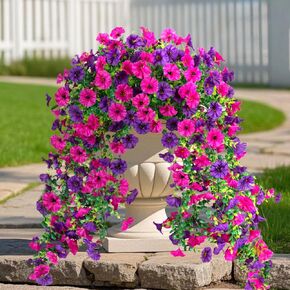 Artificial Hanging Flowers for Outdoor, 2 PCS Silk Morning Glory Faux Flowers with Eucalyptus Leaves,Realistic Hanging Plants for Wedding Home Office Garden Decor