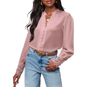 Neweek Womens Button Down Shirts Lace Cuff Long Sleeve Chiffon Dressy Tops Band Collar Fall Business Casual Blouses 2025