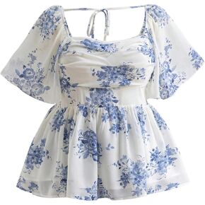 MakeMeChic Women's Plus Size Blouse Floral Short Sleeve Square Neck Shirred Boho Babydoll Shirt