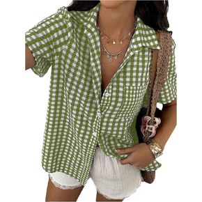 SweatyRocks Women's Short Sleeve Gingham Plaid Button Down Lapel Collar Blouse Summer Shirts