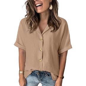 Dokotoo Women's Dressy Casual V Neck Short Sleeve Button Down Shirts Relaxed Work Business Loose Blouses Tops