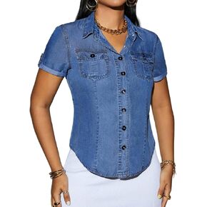 Denim Shirt Women Short Sleeve Button Down Flap Pocket Casual Business Jean Shirts