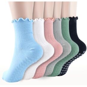 6-Pack Mesh Pilates Socks: Cute Woman Grip Socks for Yoga Girls Aged 18-28 - Breathable Ruffle for Barre & Gym