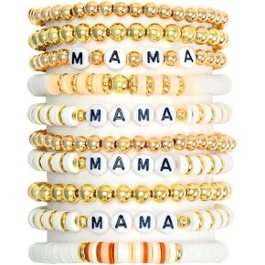MAMA Beaded Stretch Bracelets for Women Bohemian Summer Beach Stackable Polymer Clay Gold Beaded Stretch Bracelets Elastic Layering Friendship Boho Bracelets Set (10 Pcs)