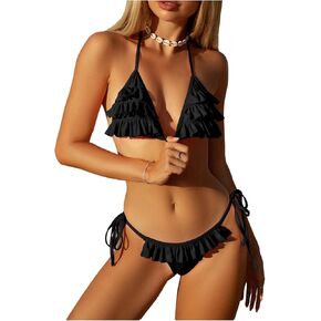 GORGLITTER Women's Two Piece Layered Ruffle Bikini Set Tie Backless Halter High Cut Thong Swimsuits