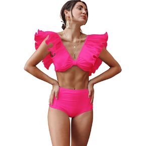 Women High Waisted Swimsuit Pleated Lace Ruffle Bikini Padded Swimwear