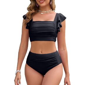 Women High Waisted Bikini Sets Square Neck Swimsuits Ruffle Cheeky Tummy Control Solid Two Piece Bathing Suit