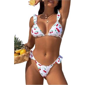 MakeMeChic Women's Cherry Print Bikini Set Triangle Ruffle Tie Back Thong Bathing Suit