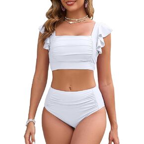 Women High Waisted Bikini Sets Square Neck Swimsuits Ruffle Cheeky Tummy Control Solid Two Piece Bathing Suit in Kuwait