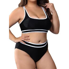 Plus Size Women's High Waist Bikini - Tummy Control Two Piece Bathing for Curvy Busty Black Sexy Swimsuits