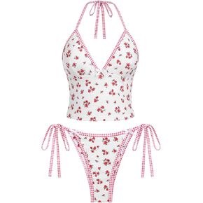 Seamoly Red Gingham Floral Print Halter Tie Side Sid Tankini Set