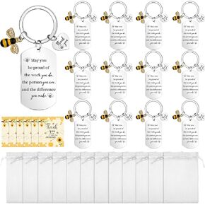 12 Set Bee Keychain Inspirational Bee Keyring Bulk Bee Employee Appreciation Gifts with Thank You Cards Organza Bag Cute Bee Accessory Thank You Gift for Coworker Teacher Nurse Staff
