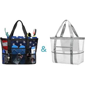 F-Color Mesh Beach Bag حزمة سوداء مع أبيض