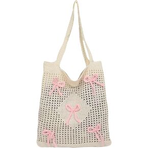Cute Beach Bag, Mesh Knitted Bow Tote Bag, Bohemian Style, Sweet and Cute, Large Capacity, Suitable for Girls and Ladies Summer Beach Vacation