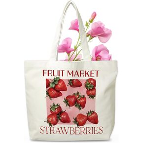 Strawberries Canvas Tote Bag, Fruit Market Grocery Bag, Farmers Market Tote, Beach Bag Gifts For Women Strawberries Lovers Friends Family, Funny Spring Summer Party Reusable Shopping Bag, 06