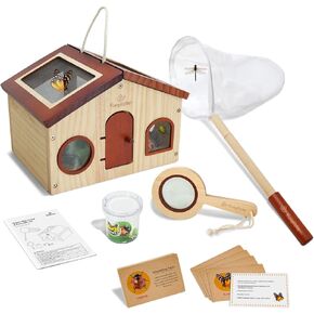 Kids Explorer Kit & Bug Catcher for Kids, Outdoor Toys with Portable Wooden Bug Habitat, Net, Magnified Viewer, Observation Cup, 15PCS Insect Cards for Kids 4 5 6 7 8 Year Old Boy Gift