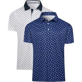 2 Pack Men's Golf Polo Shirts Short Sleeve Dry Fit Print Performance Mositure Wicking Golf Shirts for Men Casual