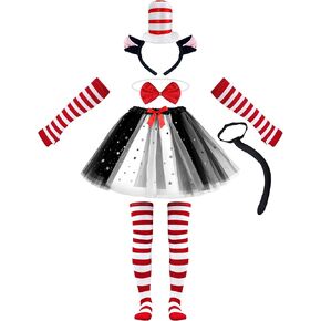 Cat Costume Set, Cat Costume Kit Including Cat Ear Top Hat Headband Tutu Skirt Bowtie Cat Tail Socks Gloves for Halloween School Day