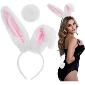 Dokeawo Bunny Ears Headband & Bunny Tail Set for Bunny Costume Kids Adult- Pink & White Bunny Ears Headbands, Bunny Dress Up Accessories for Easter Halloween Party Supplies
