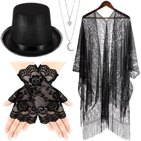 mepase 4 pcs punk black top hat set مجموعة شال مطوية نصف إصبع الدانتيل القفاز