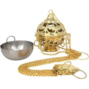 Needzo Large Hand Carved Charcoal Incense Burner, Hanging Censer, Catholic Church Supplies, 36 Inches