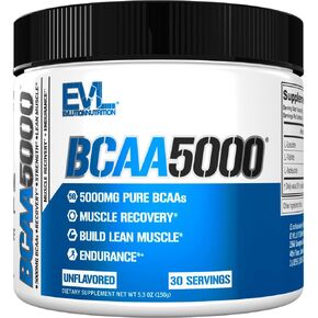 Evlution EVL BCAAs Amino Acids Powder - BCAA Powder Post Workout Recovery Drink and Stim Free Pre Workout Energy Drink Powder - 5g Branched Chain Amino Acids Supplement for Men - Unflavored Powder