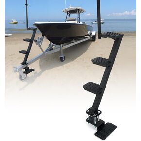 Heavy-Duty Boat Trailer Steps with Safety Grab Handle, Non-Slip Surface, Trailers Tongue Step Compatible with Most Deep V, Patent Pending, 4 Steps