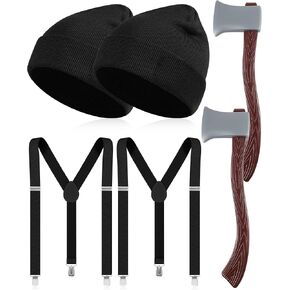 Blosssound 2 Sets Lumberjack Costume Set Included Lumberjack Beanies Halloween Axe Suspenders for Halloween Party