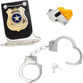 Police Costume Accessories Set, Police Accessories Metal Handcuffs, Police Bage and Whistle for Men Women Boys Girls