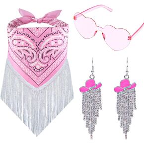 3 Pcs Cowgirl Fringe Bandana with Heart Sunglasses & Western Cowgirl Hat Tassel Earrings for Women Party Costume