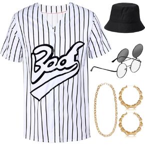 Jiuguva 90s Outfit for Women Hiphop Baseball Shirt Bucket Hat Retro Glasses Chain Necklace Earrings for 90s Costume Party