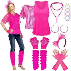 80s Costumes for Women - 1980s Outfits for Women Accessories with Fishnet Neon Off Shoulder T-Shirt for 80's Party